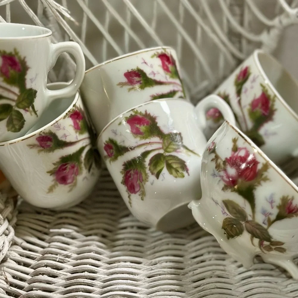 Moss Rose Floral Porcelain Demitasse and Footed Base Tea Cups and Saucers